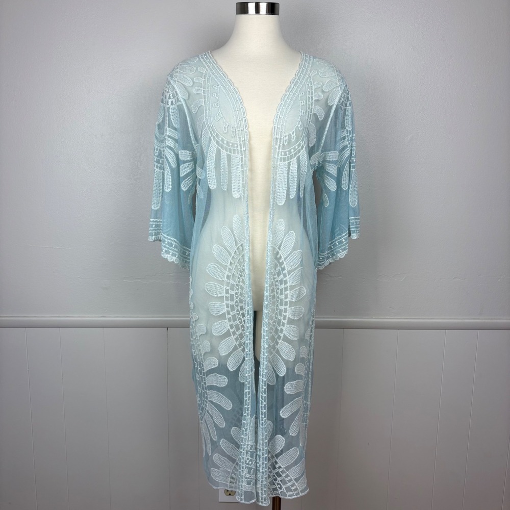 Mesh Coverup Wrap Light Blue Floral Lace Rebellion Again Sz S Sheer Fairy Kimono